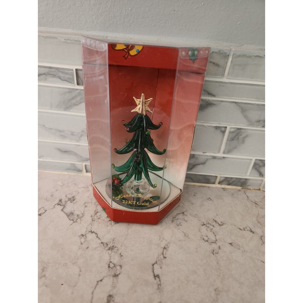 Vtg Hand Sculptured Glass Christmas Tree with 22k Gold Accents NIB